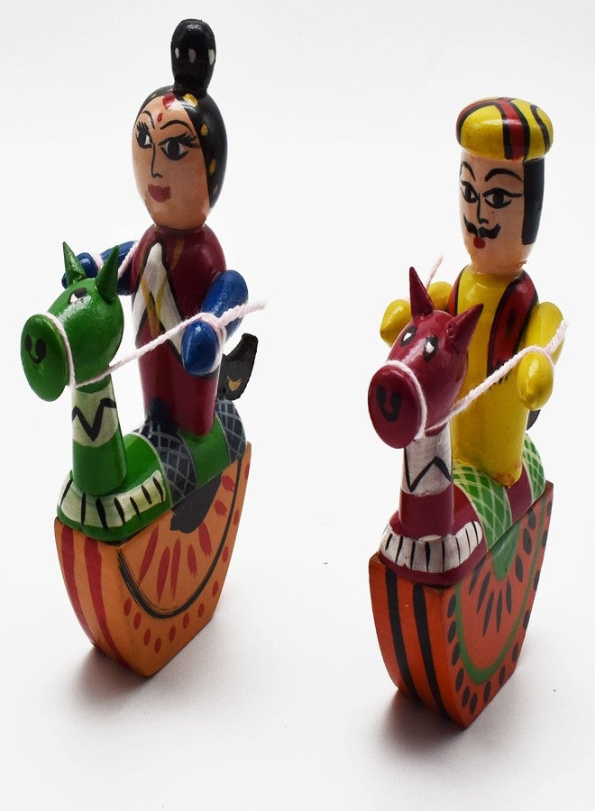justhandmade Wooden Horse Procession Jodi Dolls| Channapatna Kelu Gombe Jodi | Multicolour Home Decor Showpiece (JHMHORSE102) - Image 1
